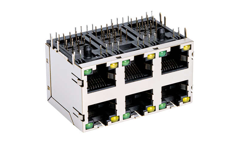 90度8P8C帶LED燈2X3雙層6口RJ45連接器